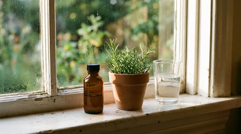 A small amber bottle on a white kitchen windowsill beside a pot of herbs and a glass of water