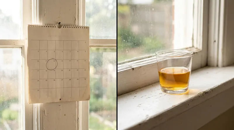 Left, a paper calendar pinned to a window frame; right, a small measuring cup half full of golden liquid on the sill