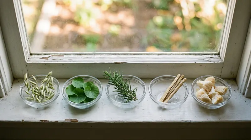 Five small glass dishes on a windowsill holding green oat heads, round leaves, rosemary, licorice root sticks and white mushroom
