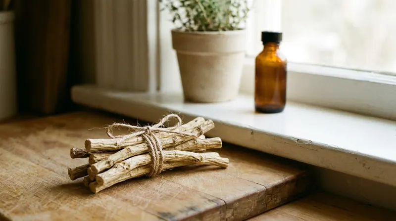 A bundle of dried licorice root sticks tied with string on a wooden board by a windowsill
