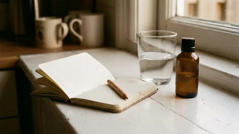 A small open notebook with a pencil on a windowsill beside a glass of water and a small amber bottle
