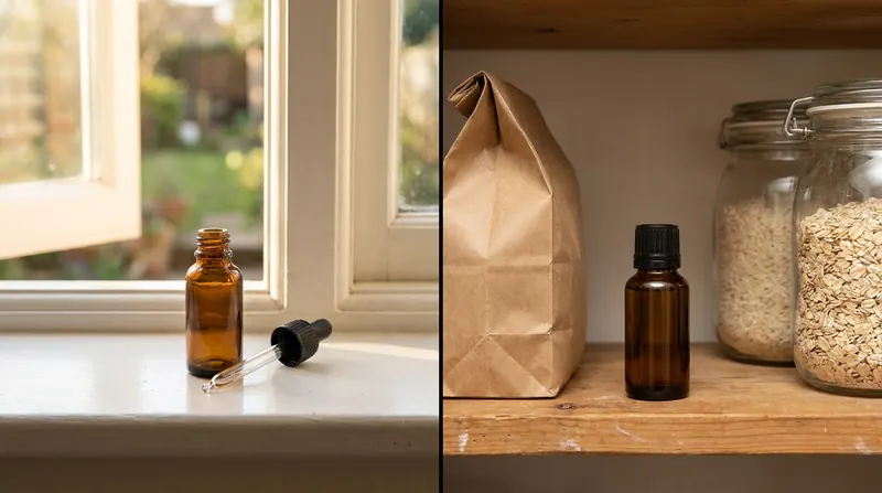 Two halves: an opened amber bottle with its pipette on a sill, and a sealed one on a pantry shelf behind the flour