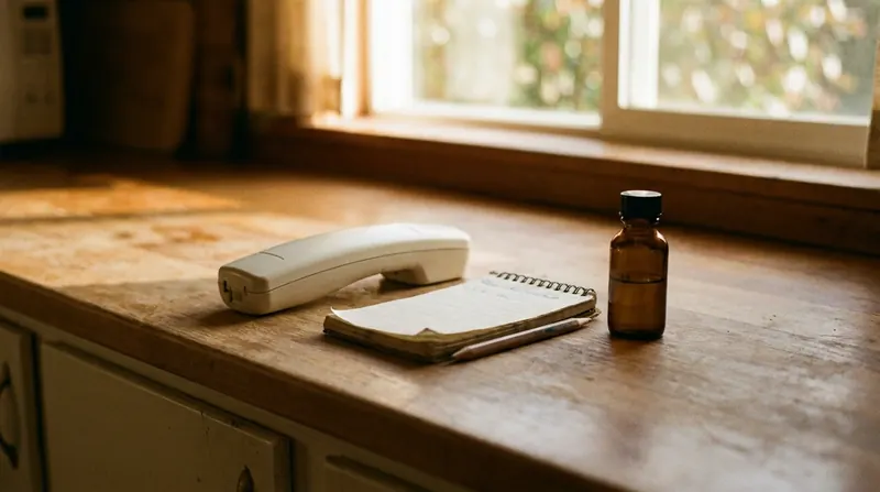 A cordless telephone on a kitchen counter beside a notepad, a pencil and a small amber bottle