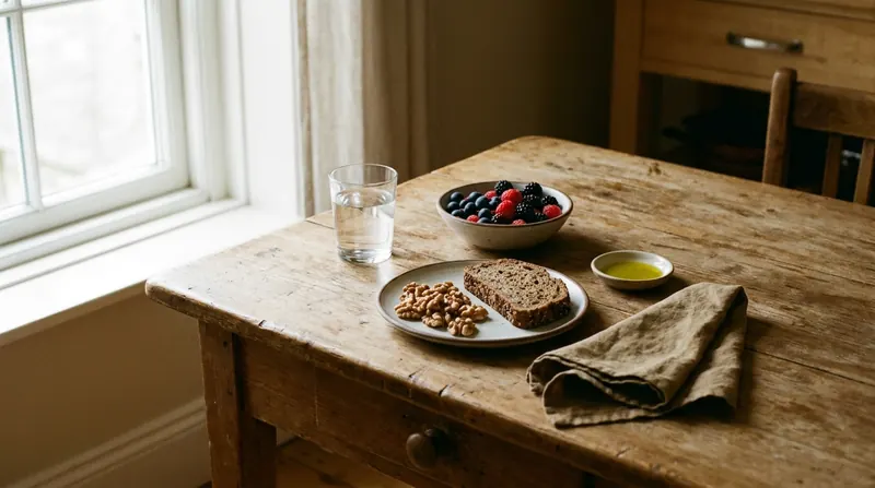 A kitchen table by a window with a glass of water, berries, whole grain bread, walnuts and olive oil
