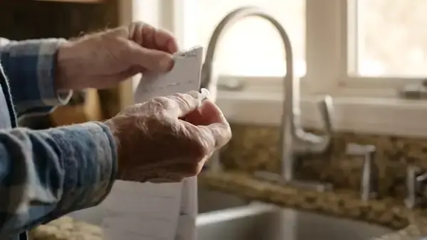A man's hands pinning a paper calendar to a kitchen window frame and circling one square with a pencil