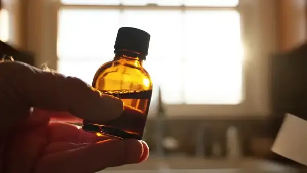 A hand pressing a strip of plain tape onto an amber bottle held against a window, marking the level of the liquid