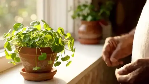 Fingers picking small round gotu kola leaves from a pot on a kitchen windowsill