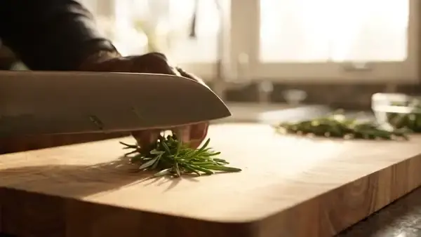 Hands chopping fresh rosemary on a wooden board by a kitchen window