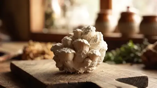 Hands tearing a white lion's mane mushroom in two on a wooden board by a window