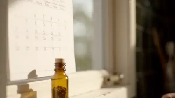 A hand with a pencil crossing off one square on a paper calendar pinned to a kitchen window frame