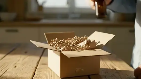 A hand lowering a small amber bottle into a cardboard box lined with packing paper and folding a flap closed